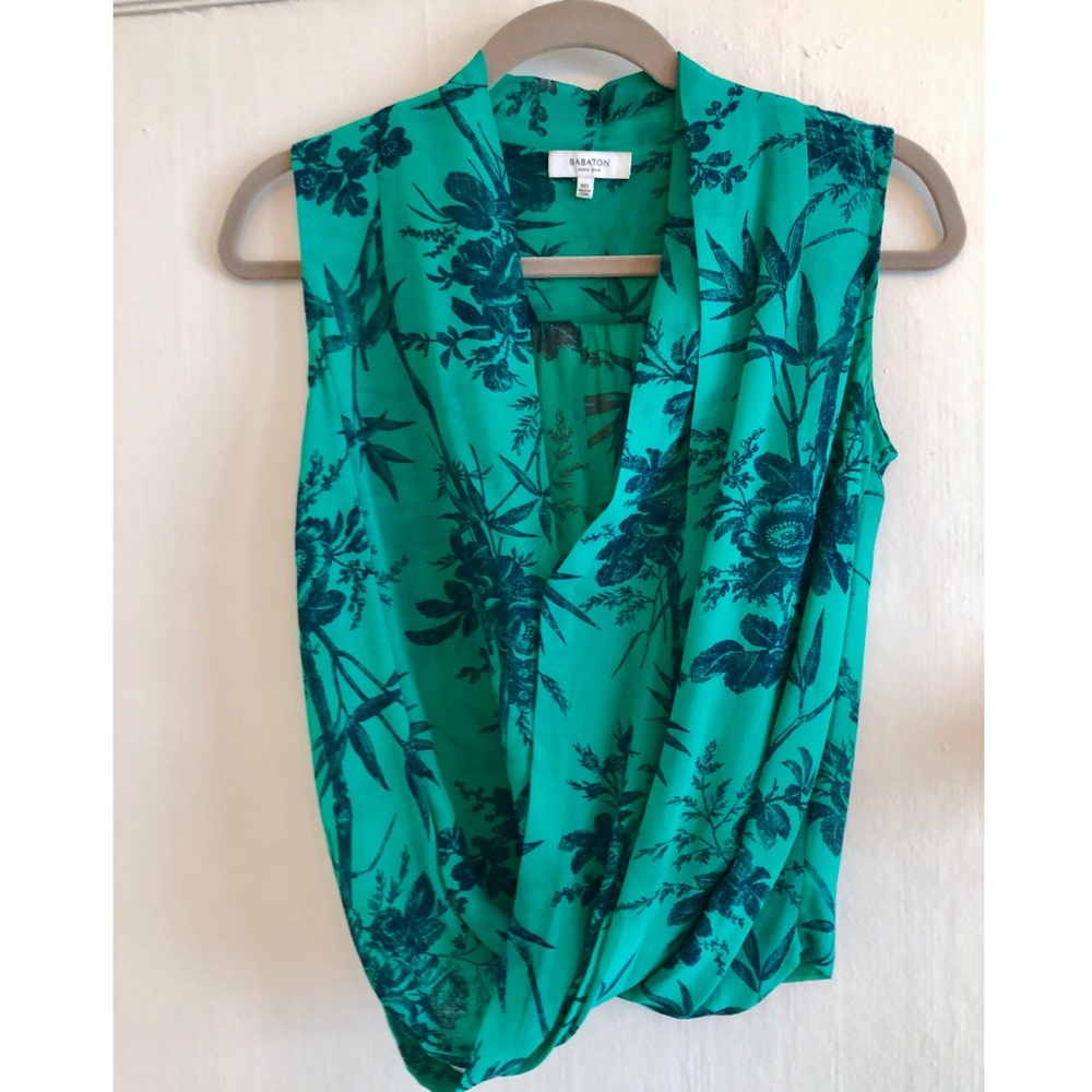 Aritzia Babaton Silk Blouse in Green/Navy Print